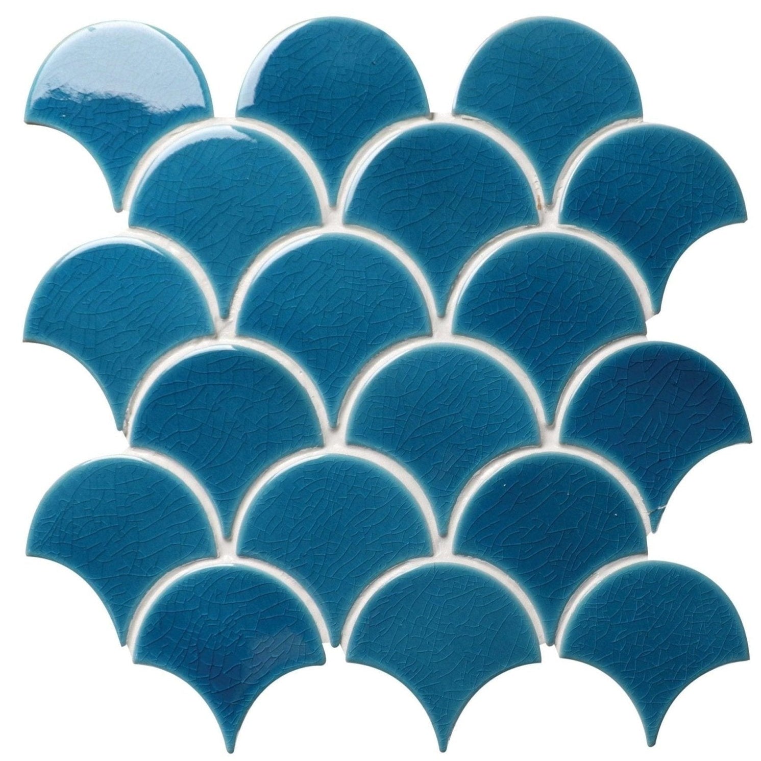 Blue fish-scale porcelain mosaic tile in ultramarine with glossy finish and subtle crackle texture for decorative use