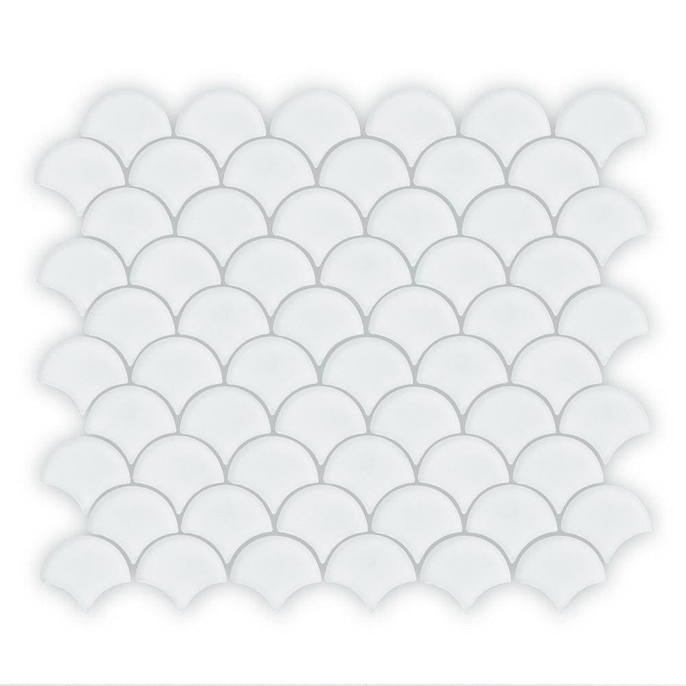 Aurora fan white mosaic glass tile with a scalloped fish scale pattern for decorative wall use