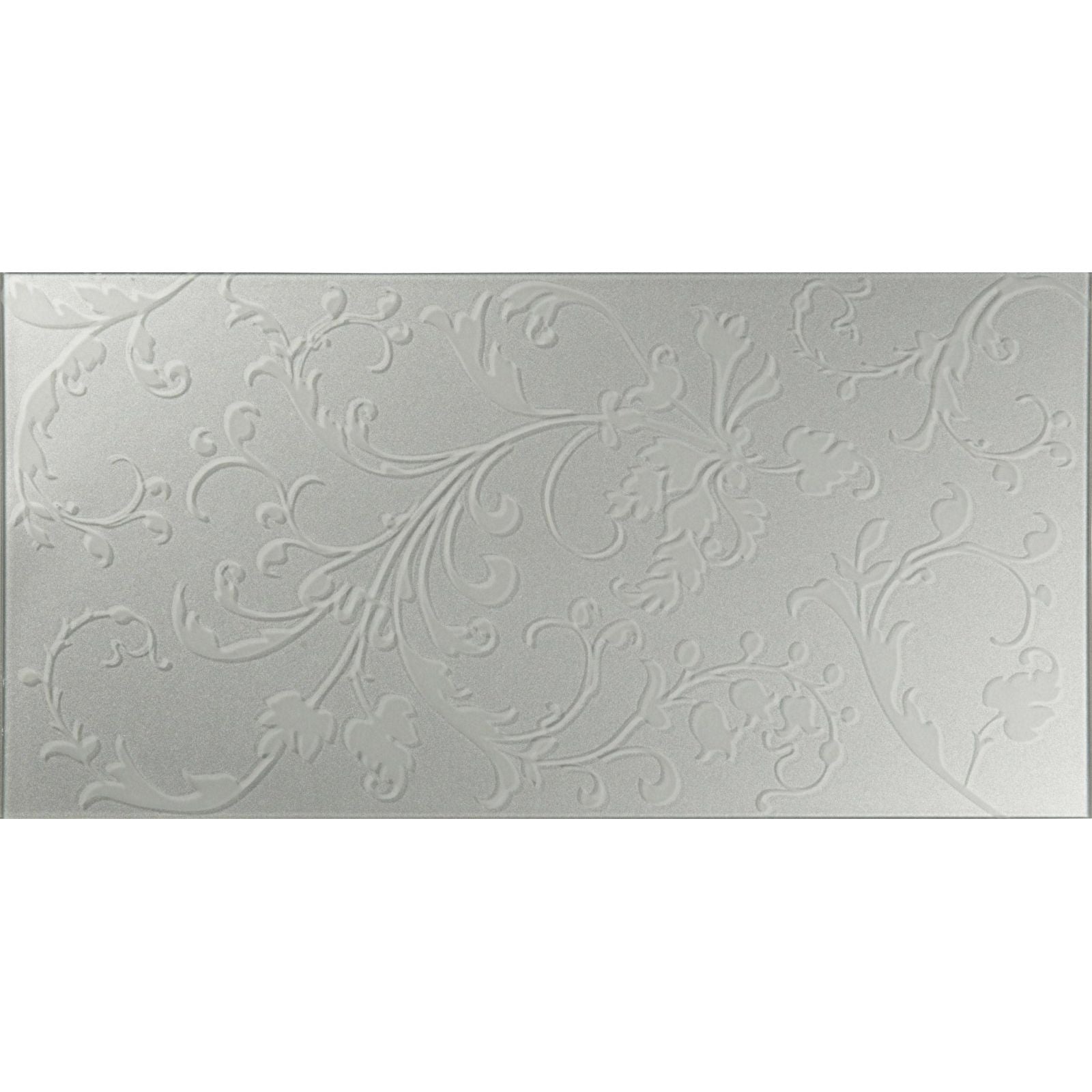 Beauville silver decorative glass rectangular matte white tile with embossed floral and vine pattern