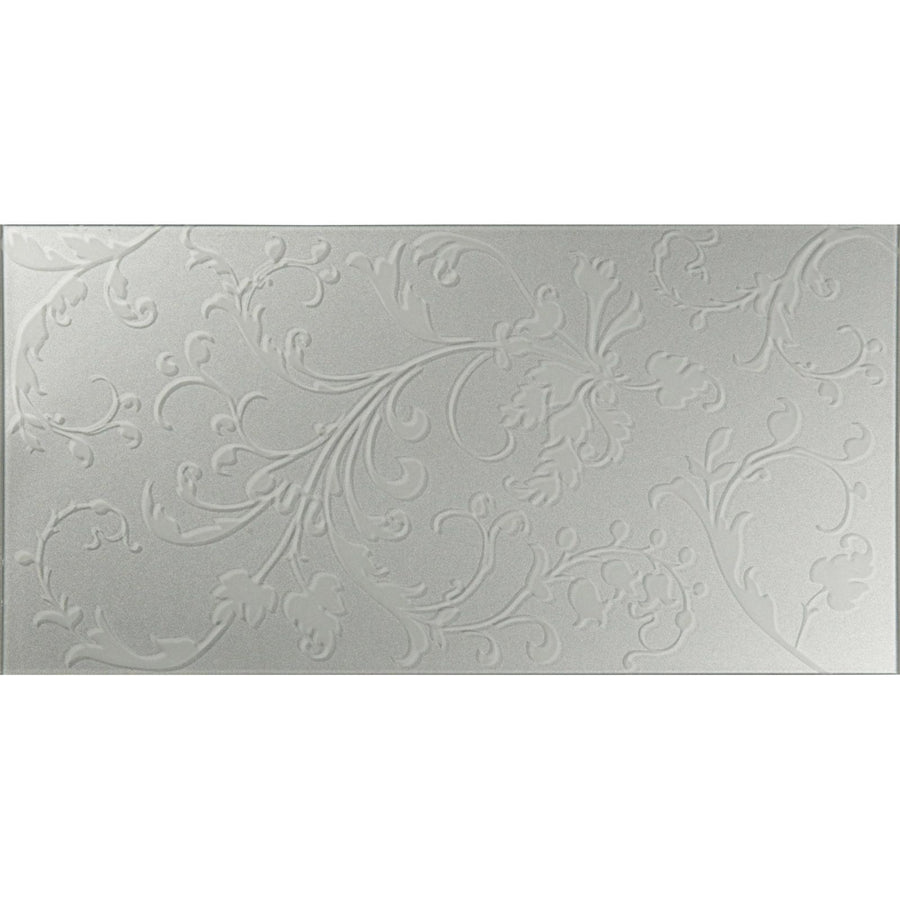 Beauville silver decorative glass rectangular matte white tile with embossed floral and vine pattern
