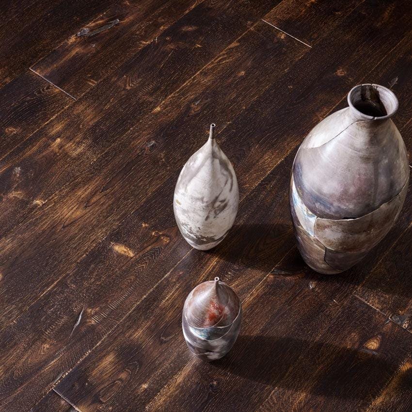 Three handcrafted Berkeley Charterhouse Oak ceramic vases with rustic metallic finish and organic asymmetrical shapes