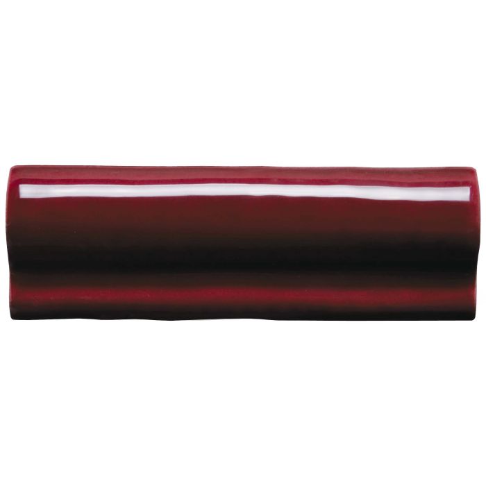 Blackberry Torus moulding glossy elongated ceramic tile with deep red to black gradient and white horizontal stripe
