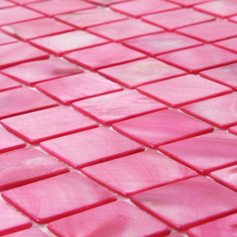 Blush 25mm square pink mosaic tiles with a glossy iridescent finish for decorative wall and surface applications