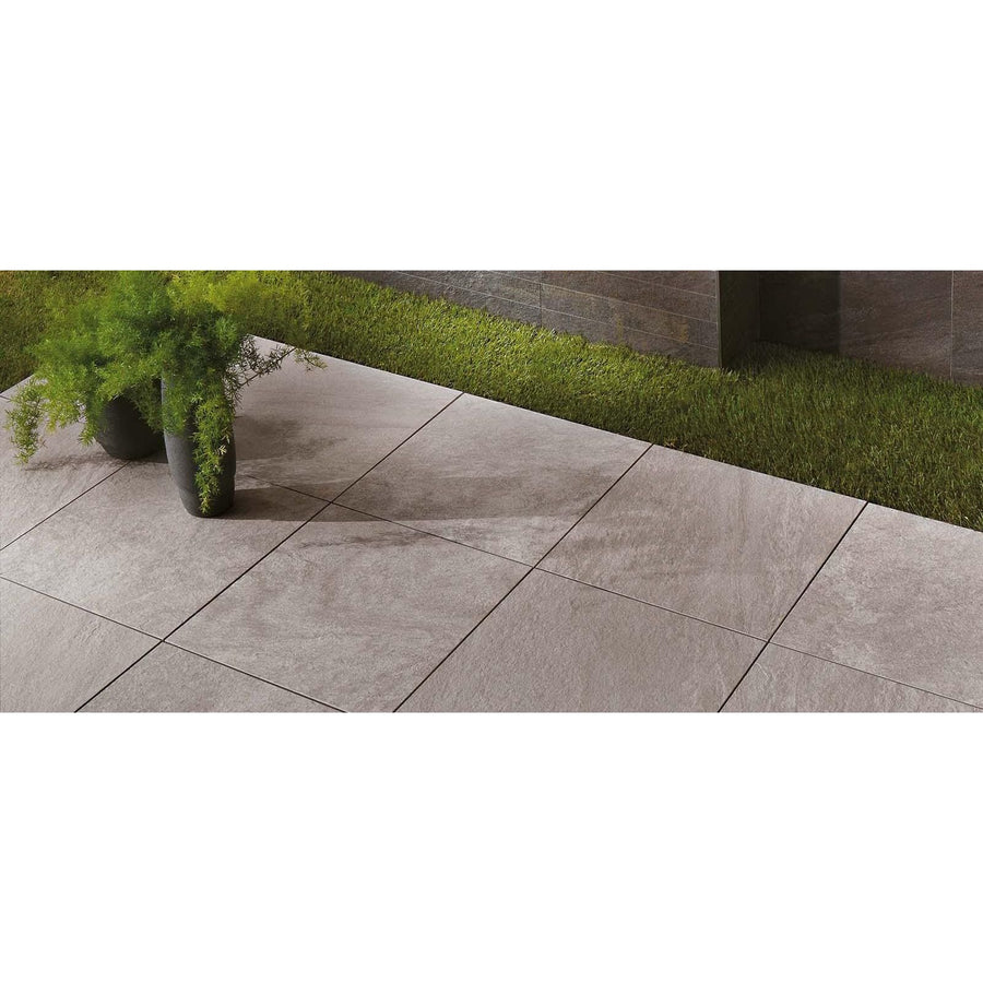 Bravestone Outdoor pearl 20mm gray stone effect patio tiles with subtle veining and dark grout lines