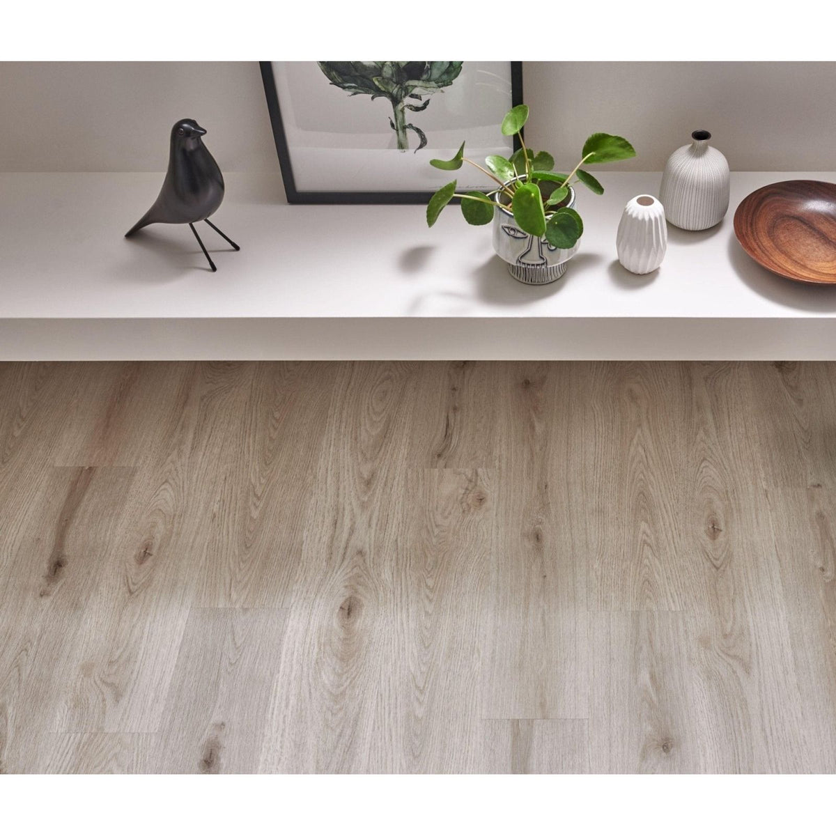 Brecon ivory oak light gray wood-grain laminate flooring with natural subtle texture and realistic grain pattern