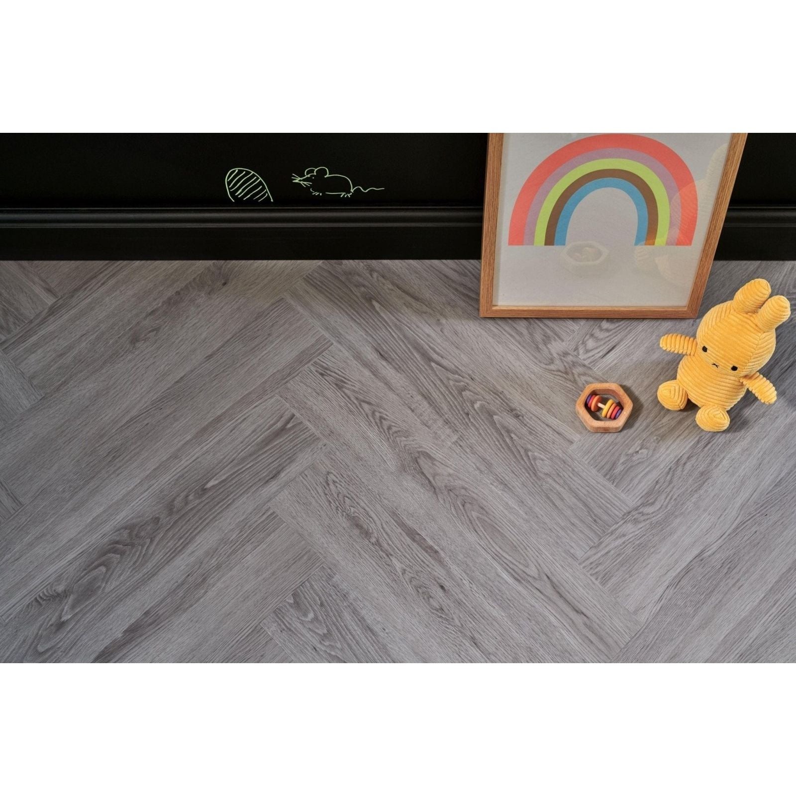 Brecon whisper oak herringbone gray vinyl flooring with realistic wood grain texture and herringbone pattern