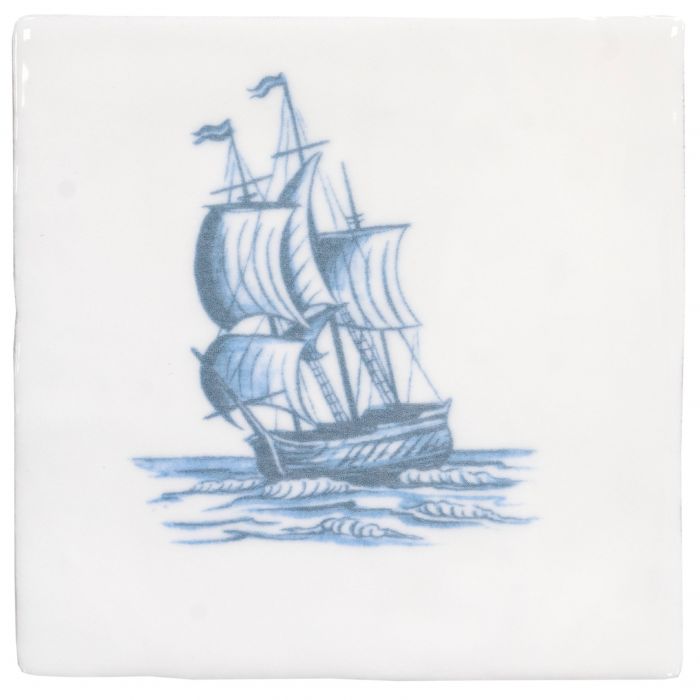 White ceramic tile brigg blue on cotton with blue hand-painted sailing ship illustration and multiple masts