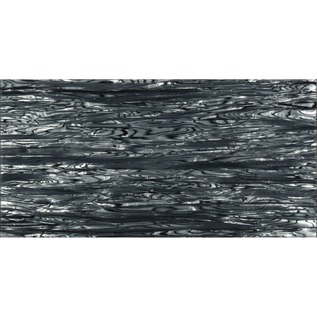 Caeli decorative glass panel with black and silver marbled glossy wavy texture for interior design
