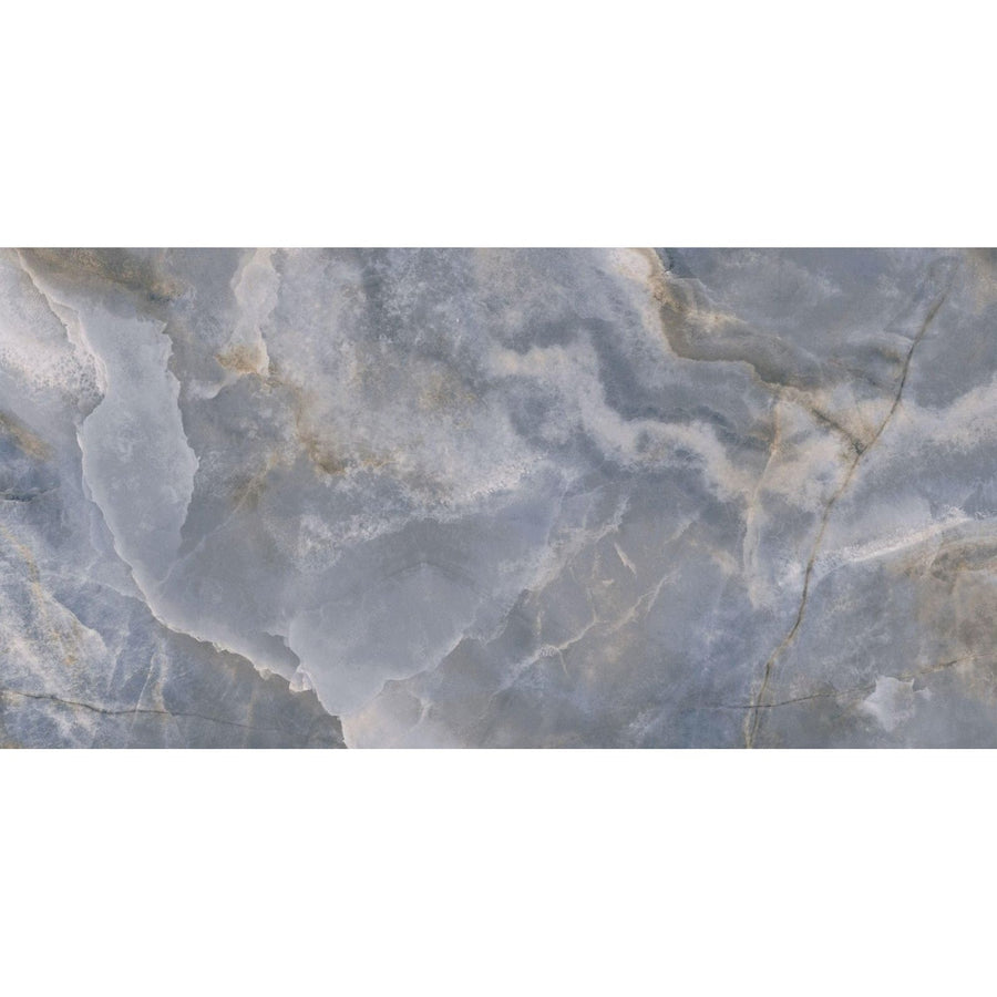 Blue-gray marble porcelain tile with swirling white and beige veining california porcelain ocean design