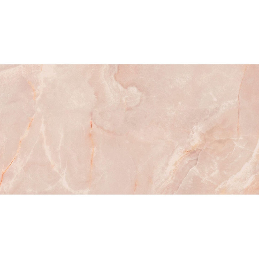 A rectangular pink marble porcelain tile with subtle veining and a smooth polished surface california porcelain rose