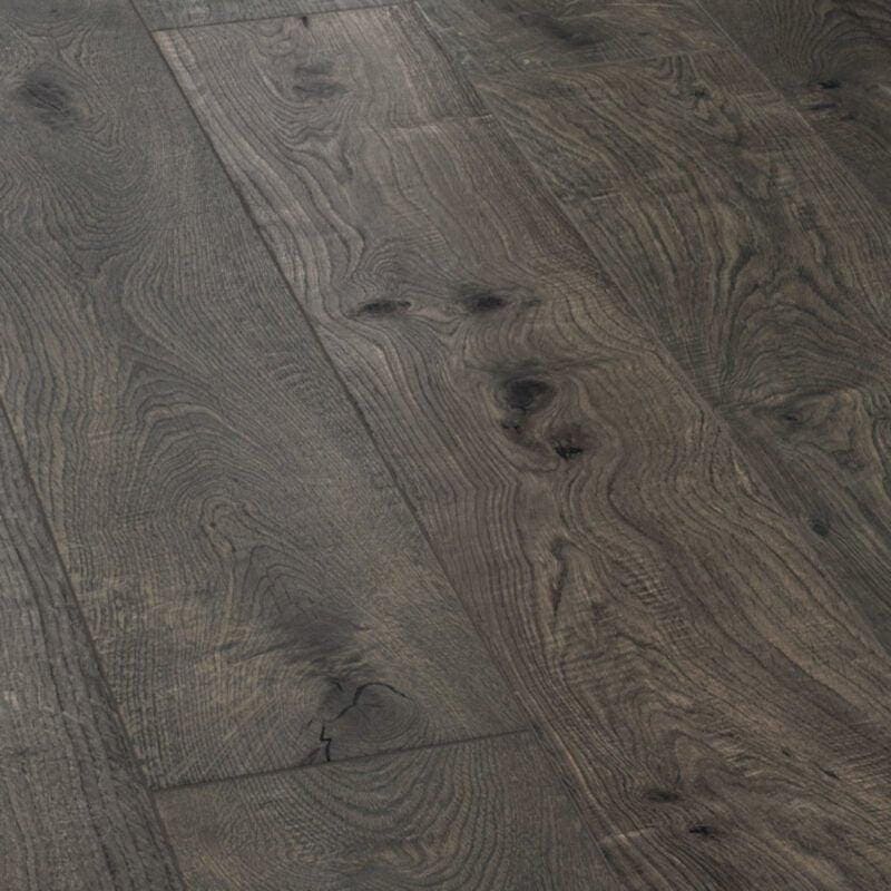 Dark gray canaiolo quercia hardwood floor planks with natural wood grain pattern and visible knots
