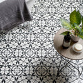 Carnaby hexagon black floor tiles featuring black and white intricate floral patterned ceramic hexagon design