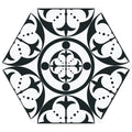 Carnaby hexagon black tile with black and white hexagonal shape and intricate floral patterns for flooring