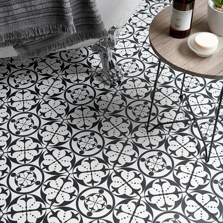 Carnaby Hexagon Black black and white floral patterned ceramic hexagon floor tiles