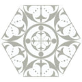 Carnaby hexagon grey tile with intricate gray and white floral pattern on hexagonal ceramic surface