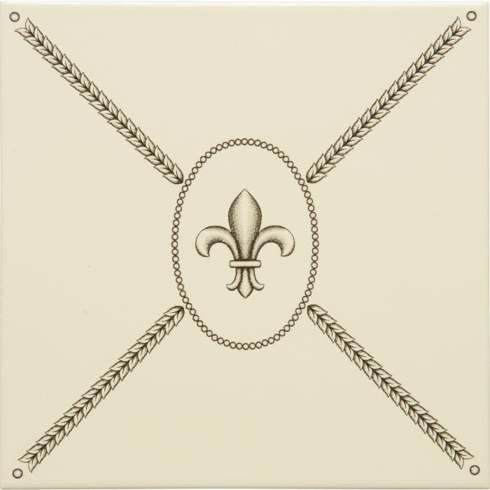 Cartouche with Fabergé Fleur de Lis Charcoal Grey on Colonial White - Hyperion Tiles