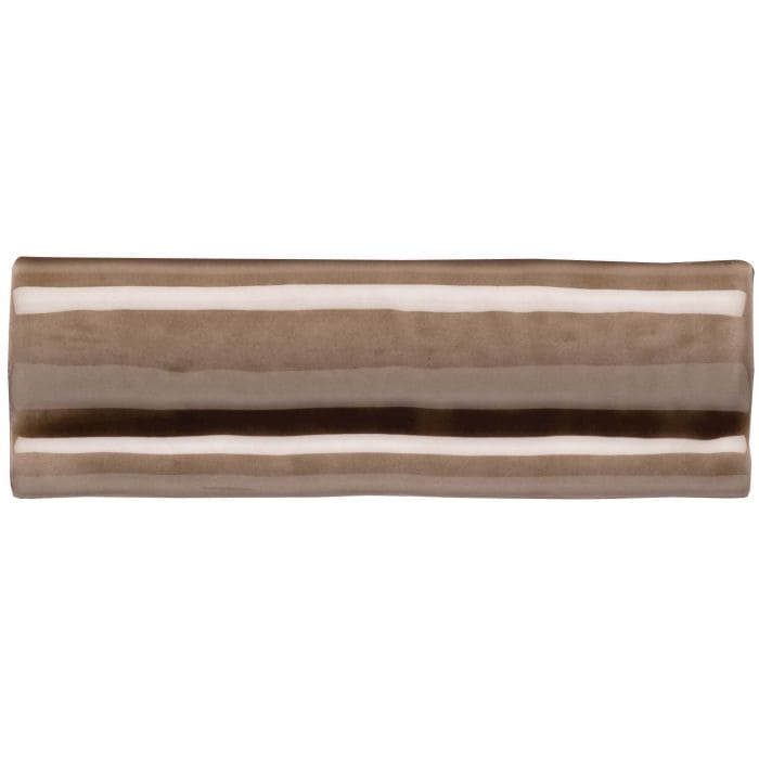 A rectangular ceramic chestnut torus moulding tile with a matte finish featuring horizontal brown and cream stripes