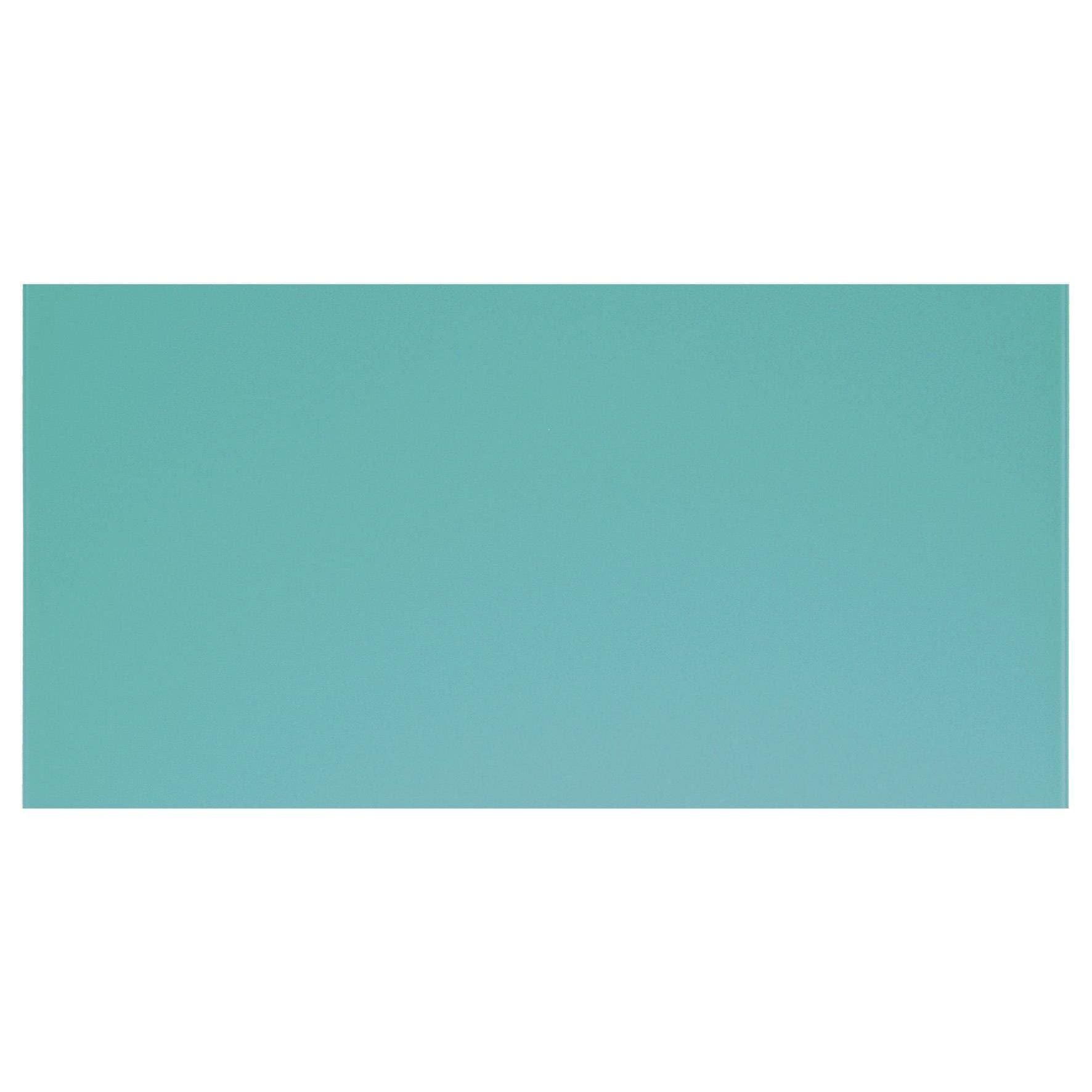 A solid rectangular teal columbia clear glass tile 300 x 100mm with a smooth glossy finish