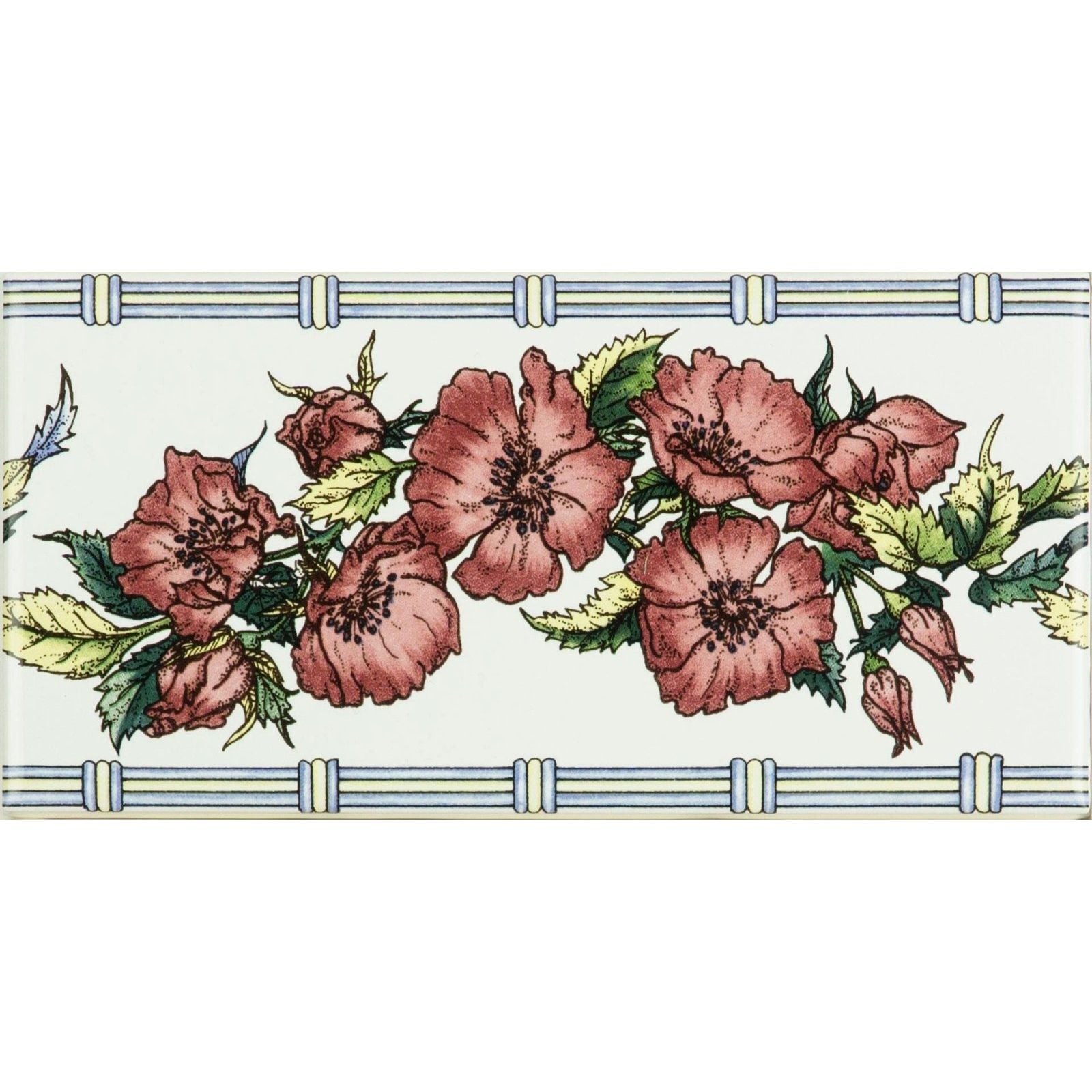 A rectangular ceramic tile with corded poppies red floral design framed by blue and cream decorative border on white