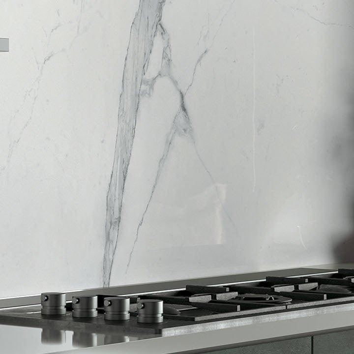 Cosmopolitan statuario extra matt 80 x 80cm white marble backsplash with elegant gray veining