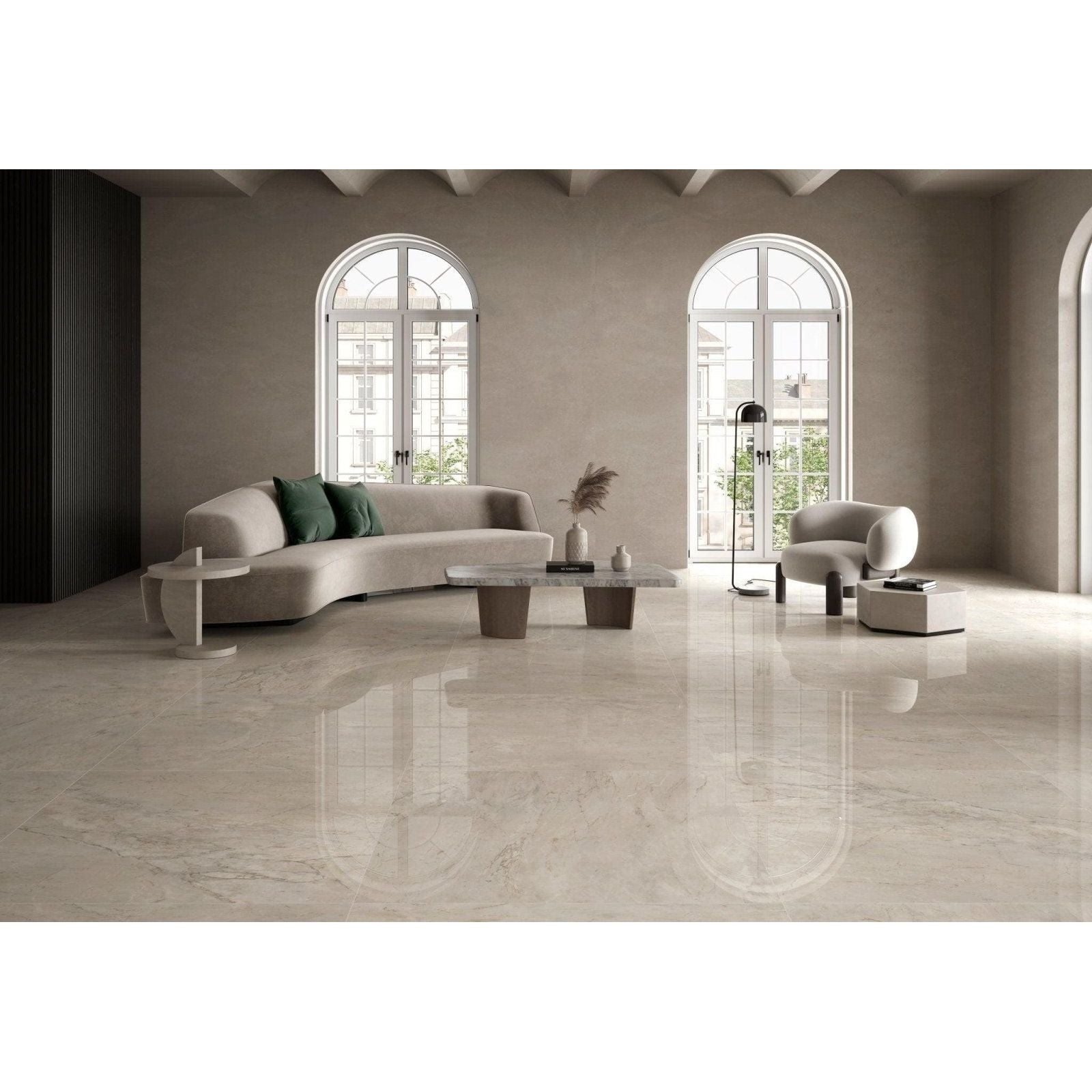 Beige creme delicato polished porcelain floor tiles with marble effect subtle veining and glossy finish