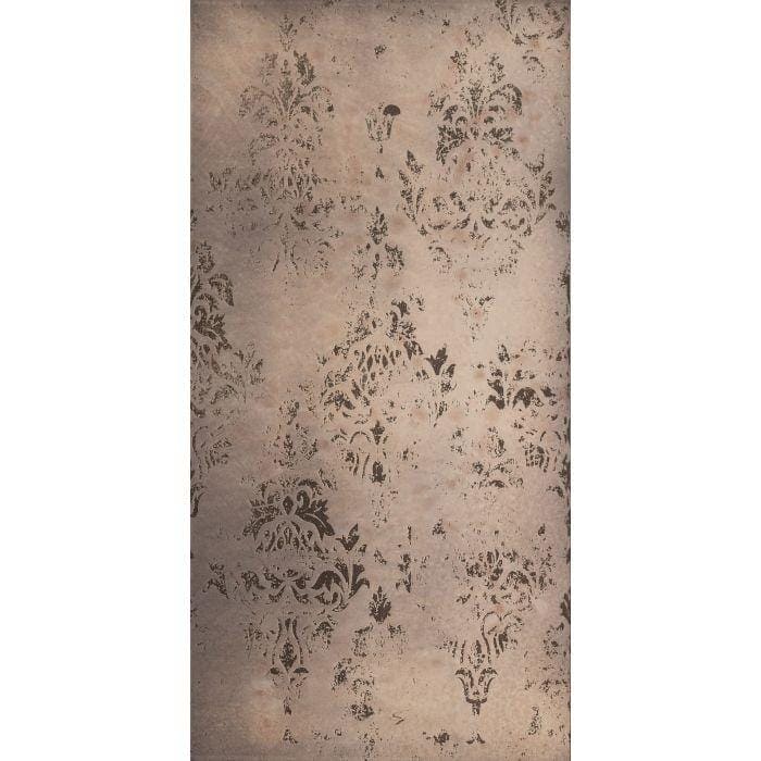 Vintage-style damask wallpaper in distressed rose gold with muted beige background and dark brown floral patterns