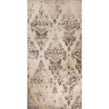Beige rug with dark brown damask pattern featuring a distressed rose gold style for elegant home decor