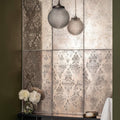 Silver-toned mirrored wall panels with intricate damask patterns from damask distressed rose gold collection