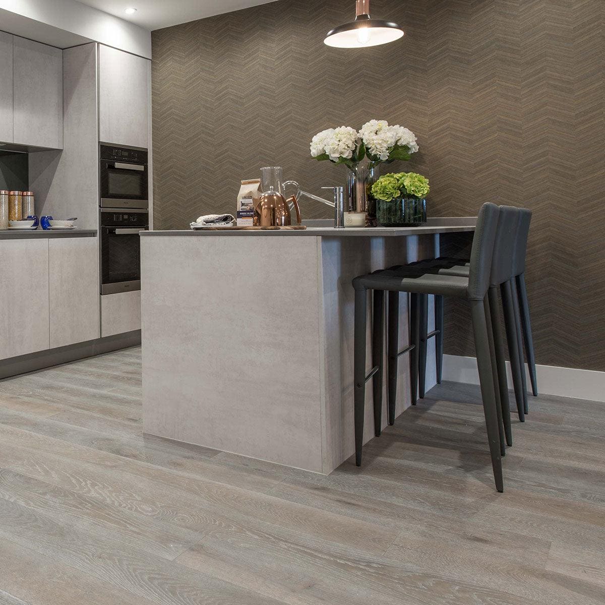 DC105 Deco Silver Haze grey oak engineered wood flooring with grey bar stools