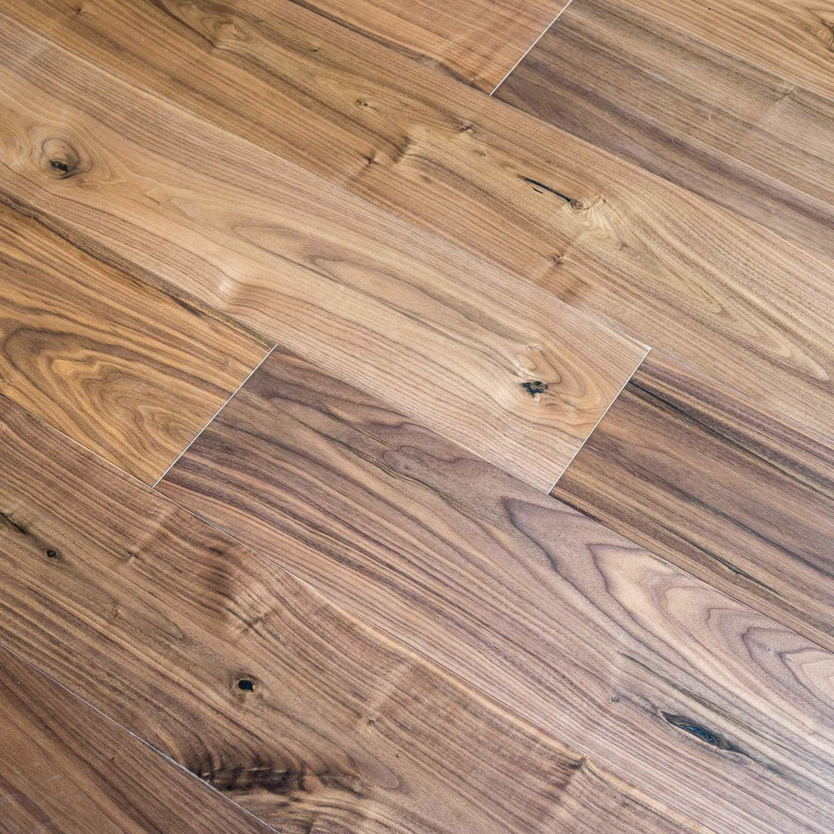 Warm-toned american black walnut hardwood floor planks with natural wood grain and visible knots