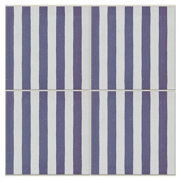 Deck chair porcelain royal blue ceramic tiles with purple and white stripes and a subtle glittery finish