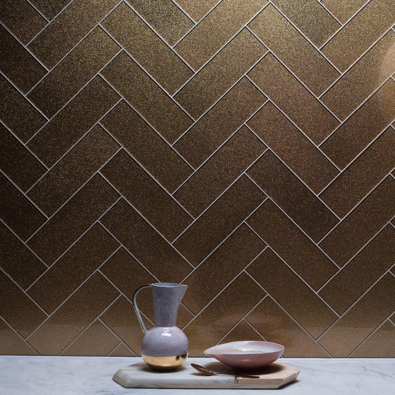 Delphinus Constellation Glass 300 x 100mm gold glass tiles with a lavender pitcher and pink bowl