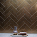 Delphinus Constellation Glass 300 x 100mm gold glass tiles with a lavender pitcher and pink bowl
