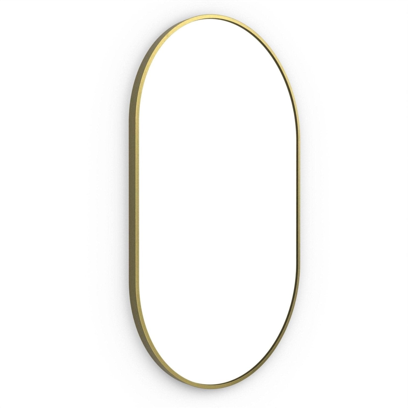 Gold-toned oval docklands capsule mirror with a sleek minimalist brushed brass frame