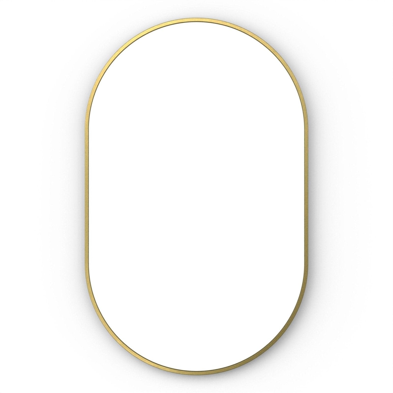 Gold-toned oval docklands capsule mirror with a sleek minimalist brushed brass frame for modern decor