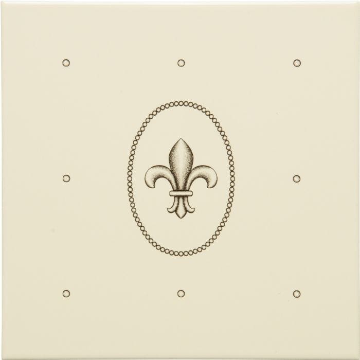 Original Style Tiles - Ceramic 152 x 152 x 7mm - Per Piece Dot Cartouche with Fleur de Lis Charcoal Grey on Colonial White
