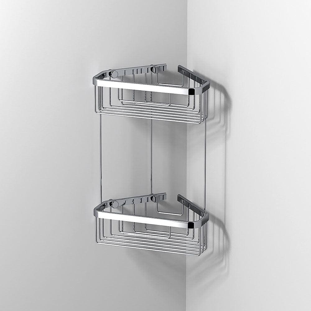 Chrome-finished double-tier corner shower caddy with sleek minimalist design for bathroom storage and organization