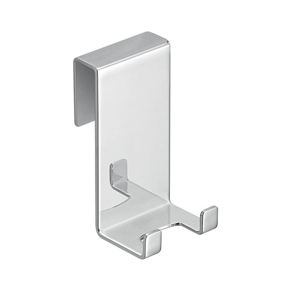 Double hook over glass chrome finished metal over-the-door hook with sleek minimalist design for hanging items