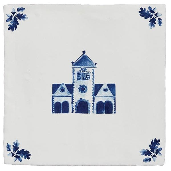 Dyrham dairy ceramic decors white tile with blue delft style building illustration and leaf motifs in each corner