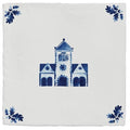 Dyrham dairy ceramic decors white tile with blue delft style building illustration and leaf motifs in each corner