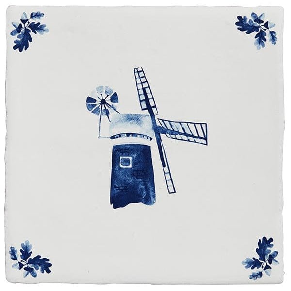 Dyrham dairy ceramic decors tile with blue and white ceramic featuring traditional dutch windmill and leaf motifs