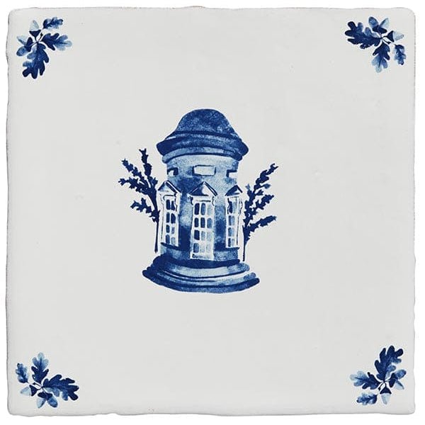 Dyrham Dairy ceramic decor blue and white delftware tile with central architectural motif and leafy corner flourishes