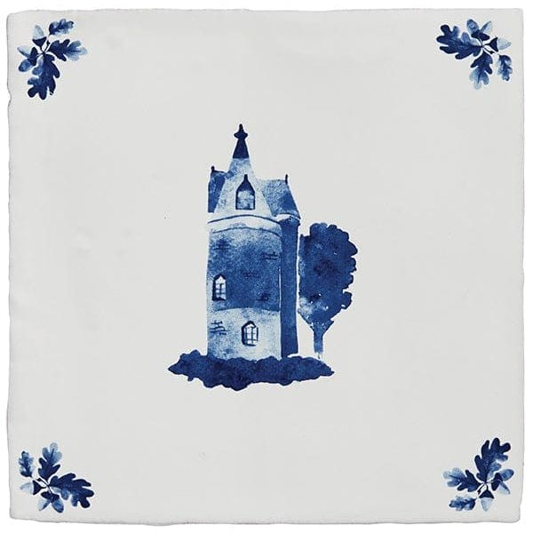 Blue and white ceramic tile from dyrham dairy featuring a painted castle and oak leaves in each corner
