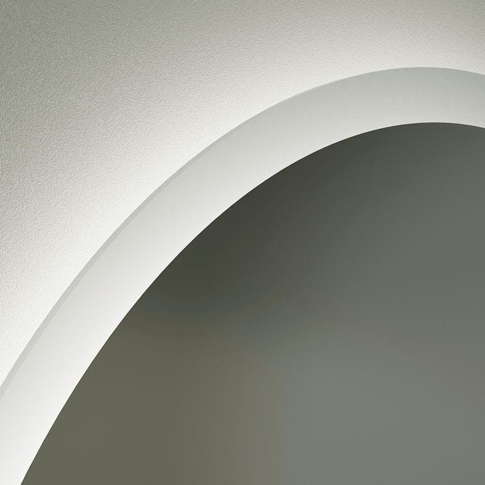 White textured ceiling with smooth curved edge near the edison round mirror 80cm reflecting room details