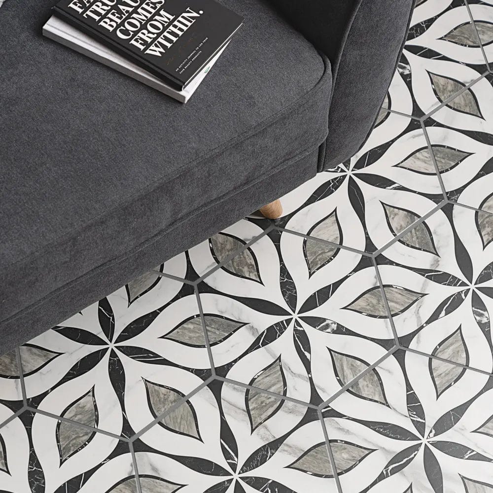 Elazig hexagon black and white marble patterned floor tiles with geometric leaf design for stylish interiors