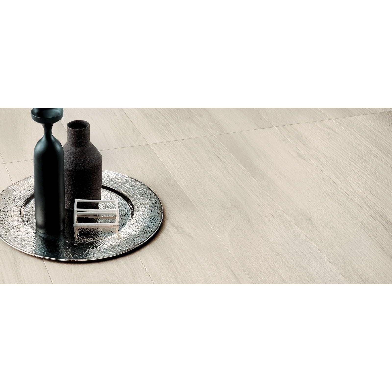 Etic Rovere Bianco Matt light grey wood-effect porcelain floor tiles with a natural grain texture
