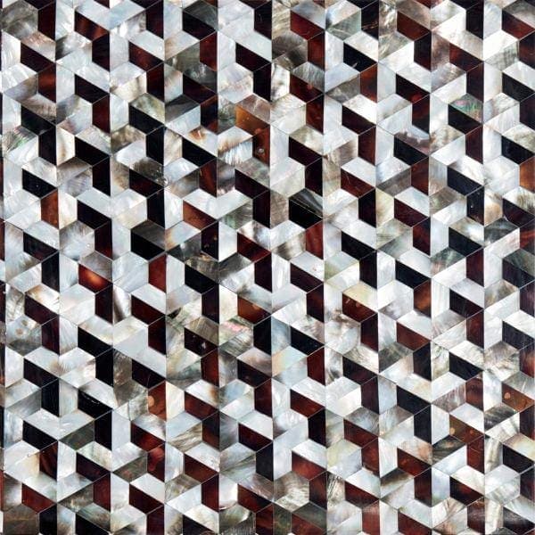 Feature panel interlock geometric mosaic tile with interlocking diamond pieces in iridescent silver deep brown and black