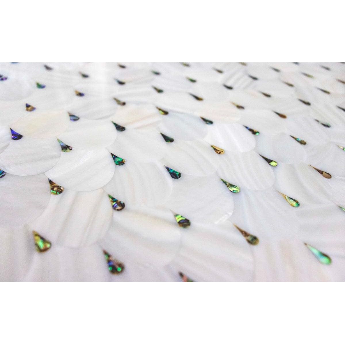 Feature panel pearl drop with white iridescent shell-like sequins and a glossy pearlescent finish with rainbow reflections