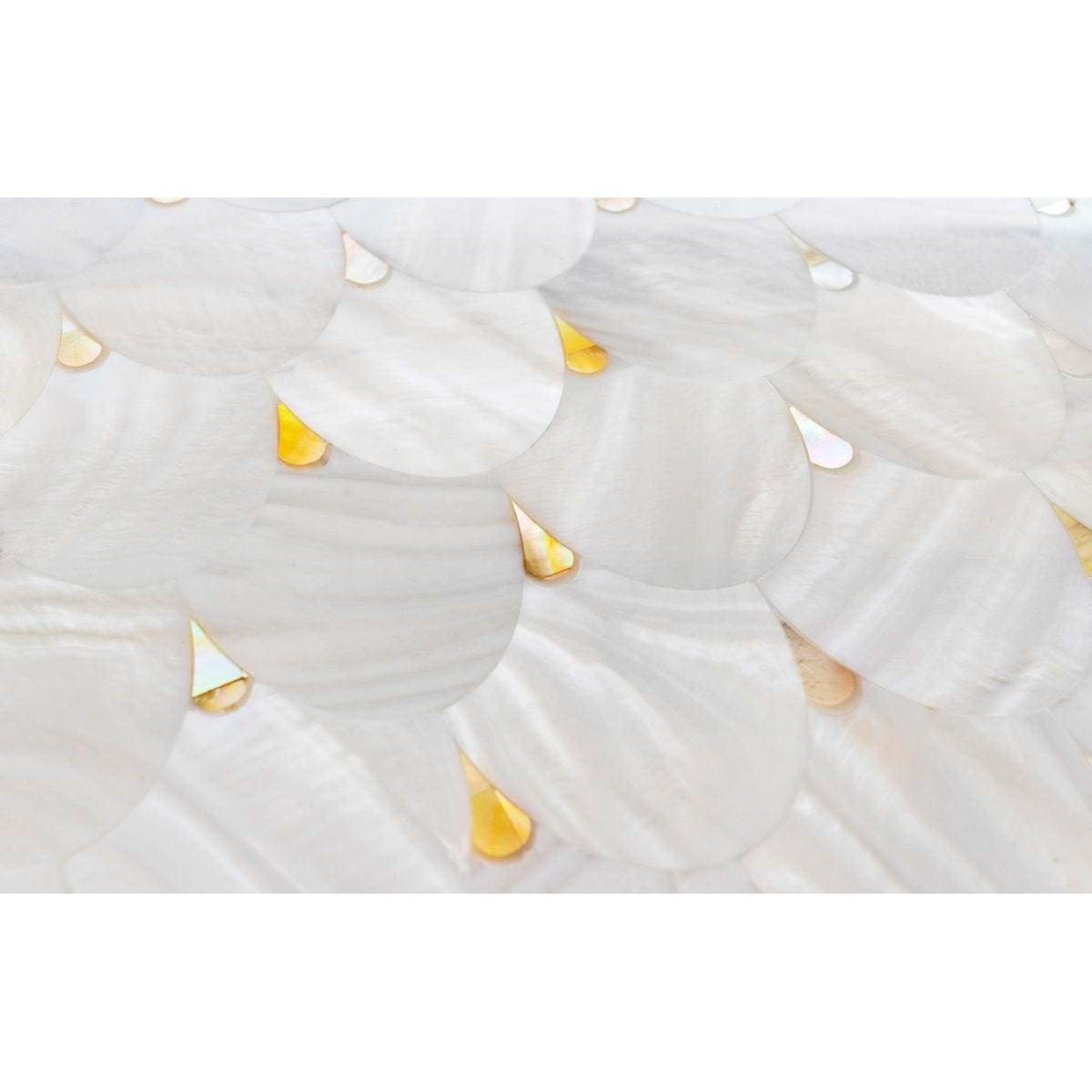 Feature Panel Pearl Drop white translucent petal-shaped shell mosaic panel with gold-tipped edges