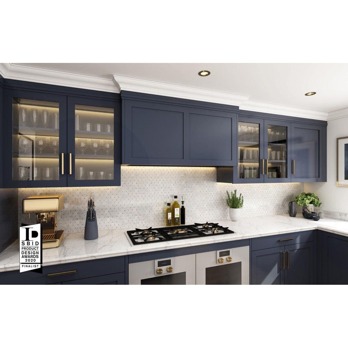 Feature Panel Pearl Drop pearlescent shell mosaic panel with navy blue kitchen cabinets and gold hardware